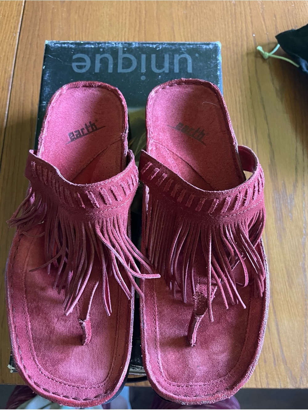Earth Red Suede Fringe Toe-Post Sandals